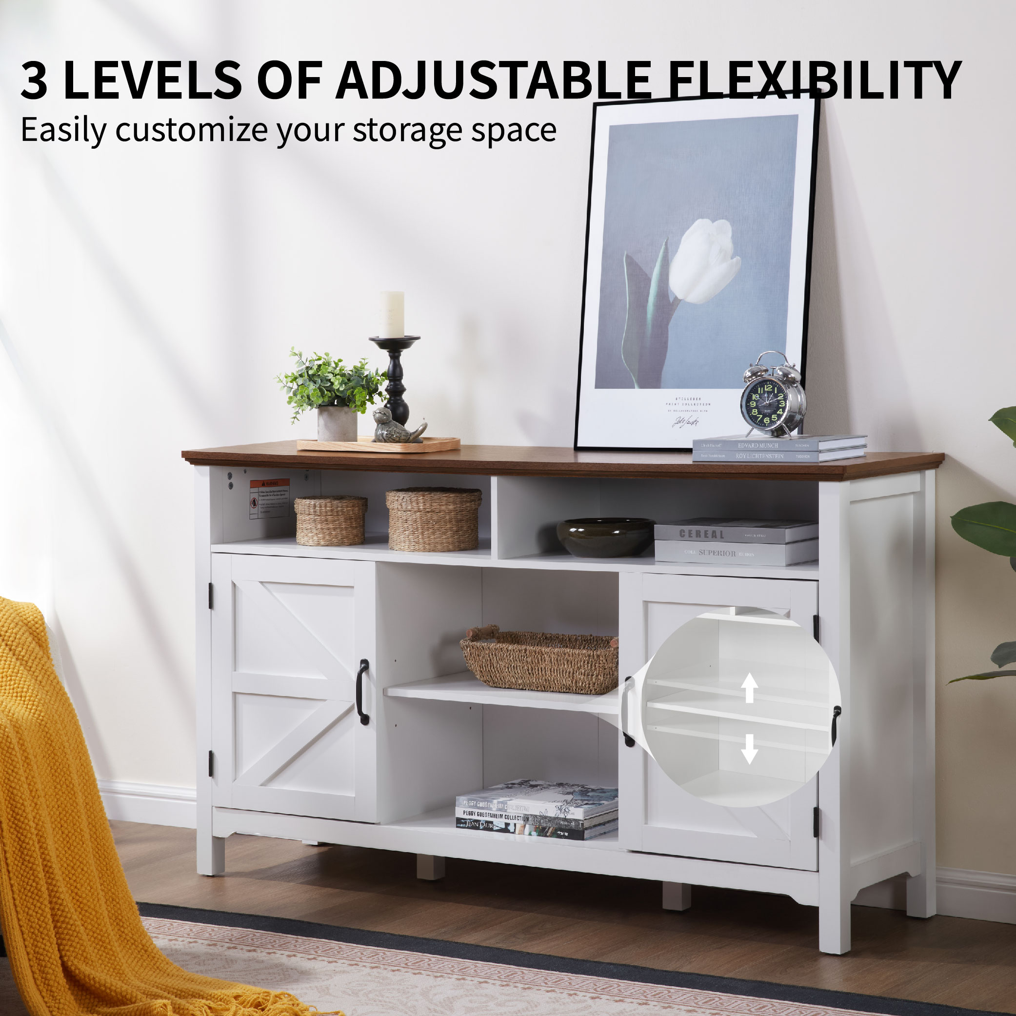 Farmhouse Sideboard Buffet Cabinet With Hinged Barn Doors, 58" Large Kitchen Storage Cabinet With Adjustable Shelves, Antique White Wood Coffee Bar Table For Dining Room, Living Room, Enterway_voghion.com
